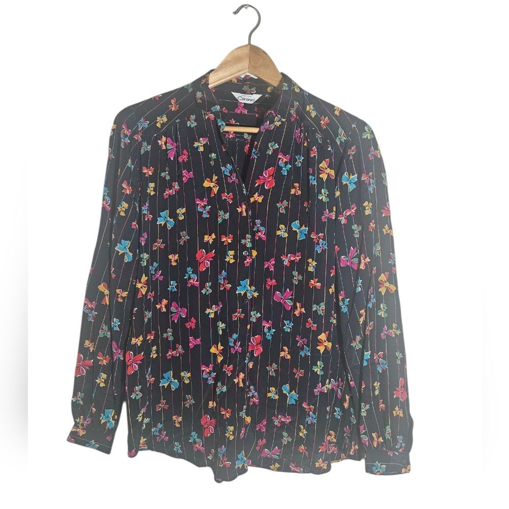 Vintage Coronel 100% Silk Black Bow Long Sleeve Button-down Blouse Size M